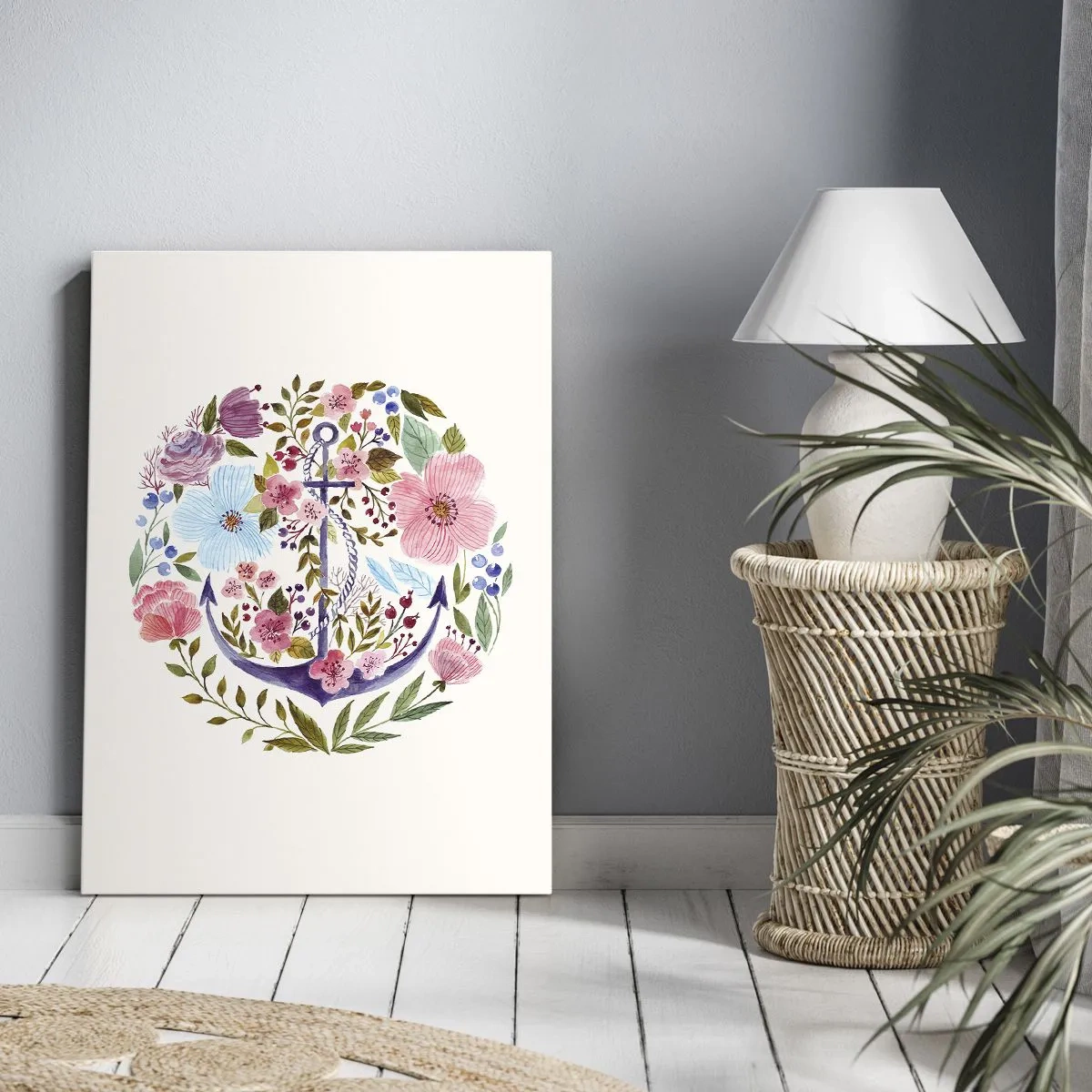 Cuadro sobre lienzo - Impresión de Imagen - Un ancla rodeada de flores de acuarela sobre un fondo claro. - 50x70cm - El sueño reparador de un marinero - Decoración de pared moderna para salón y dormitorio ARTTOR