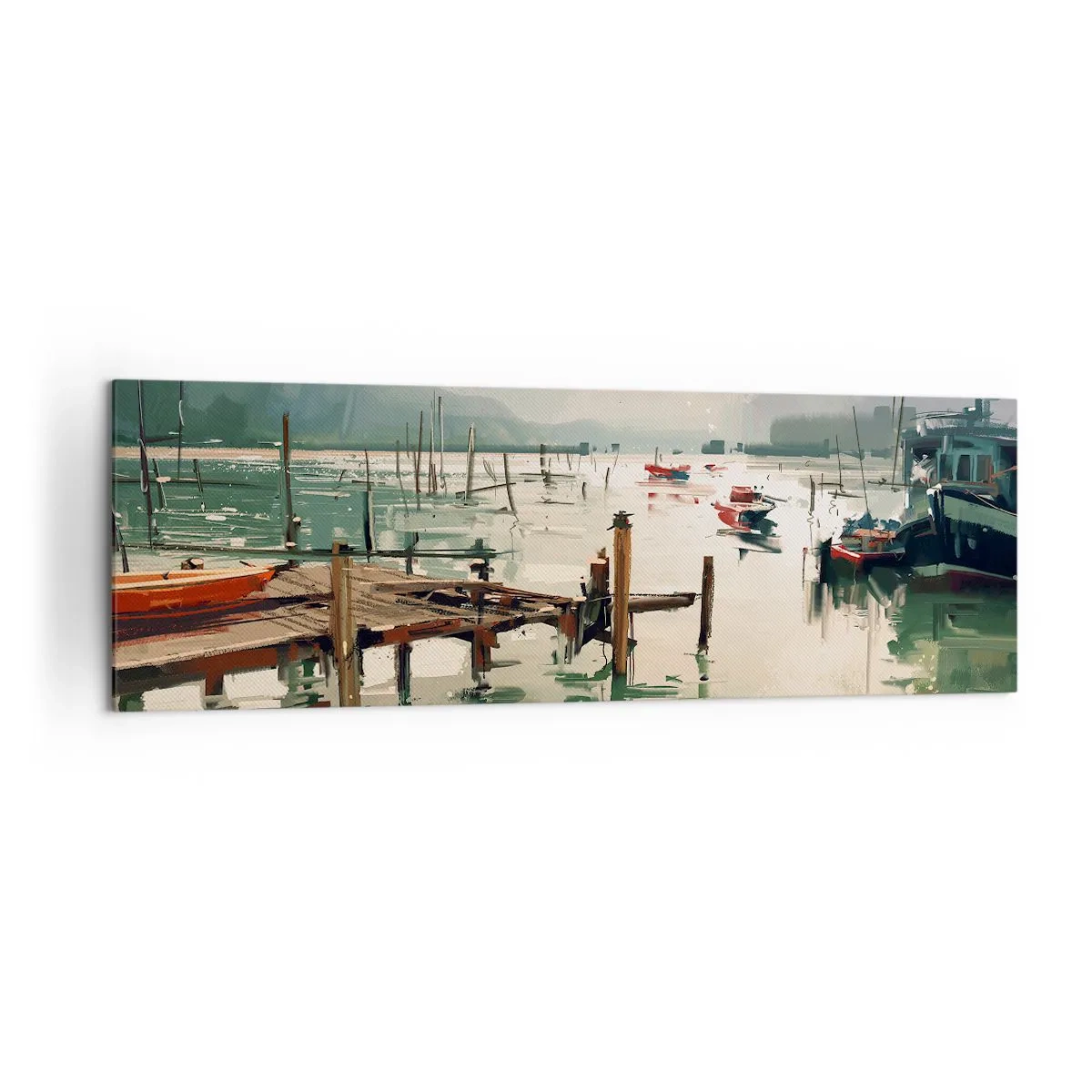 Cuadro sobre lienzo - Impresión de Imagen - Un puerto pintoresco con barcos en aguas tranquilas. - 160x50cm - Empapado en la luna fundida - Decoración de pared moderna para salón y dormitorio ARTTOR