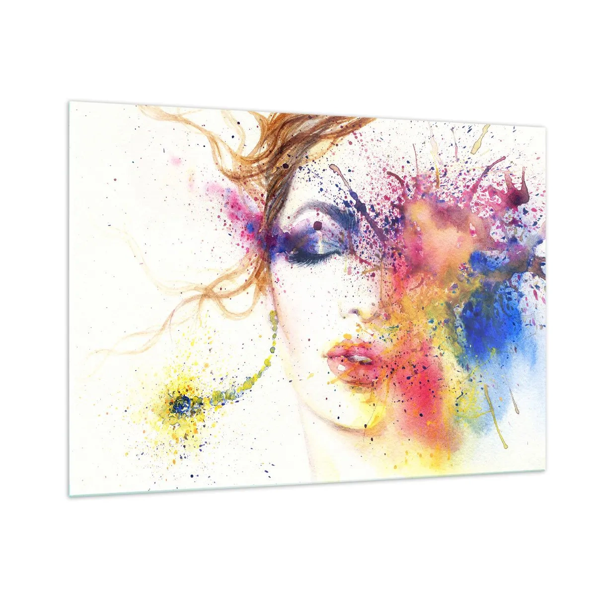 Cuadro sobre vidrio - Impresiones sobre Vidrio - Retrato abstracto de una mujer con salpicaduras de pintura de arcoíris - 100x70cm - Vértigo del arco iris - Decoración de pared moderna para salón y dormitorio ARTTOR