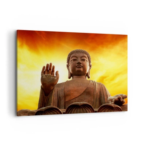 Cuadro sobre lienzo - Impresión de Imagen - Una estatua de Buda contra un cielo dorado al atardecer. - 100x70cm - La calma del mundo - Decoración de pared moderna para salón y dormitorio ARTTOR