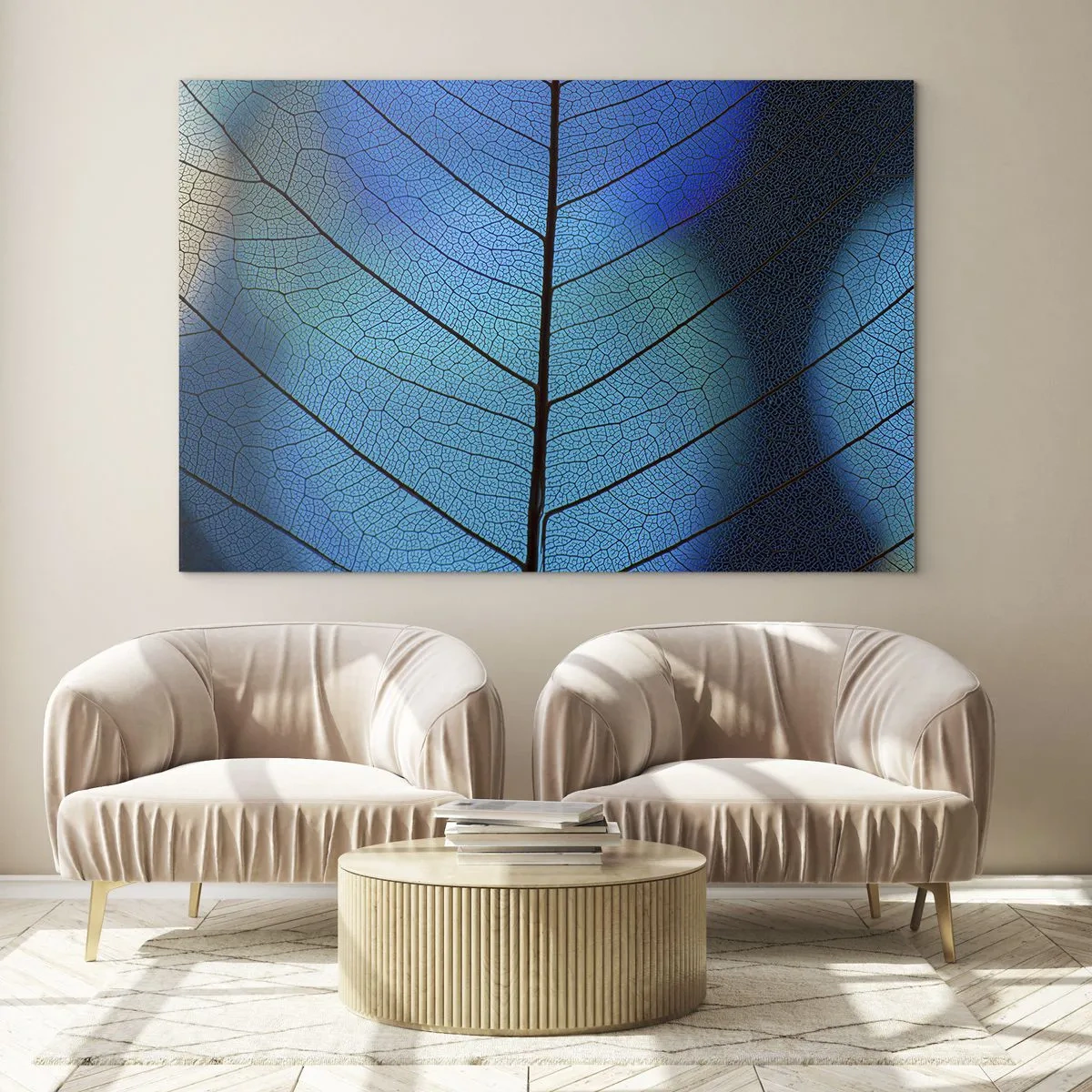 Cuadro sobre vidrio - Impresiones sobre Vidrio - Un primer plano de una hoja azul que muestra la estructura de las nervaduras. - 120x80cm - Construcción intrincada - Decoración de pared moderna para salón y dormitorio ARTTOR