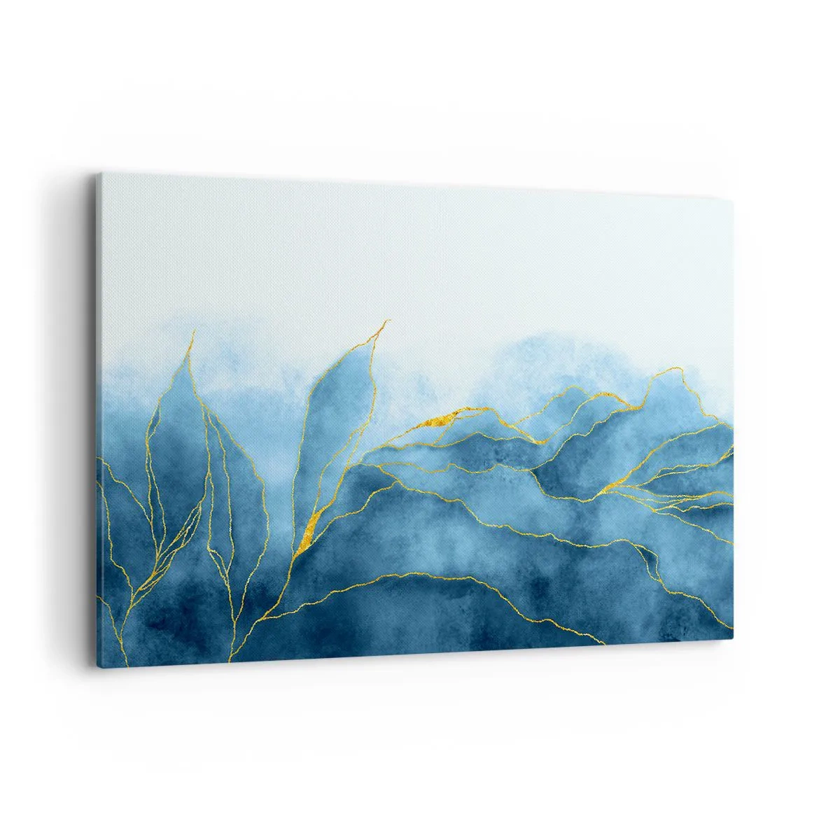 Cuadro sobre lienzo - Impresión de Imagen - Ondas abstractas en tonos azules con acentos dorados. - 120x80cm - Oro y azul - Decoración de pared moderna para salón y dormitorio ARTTOR