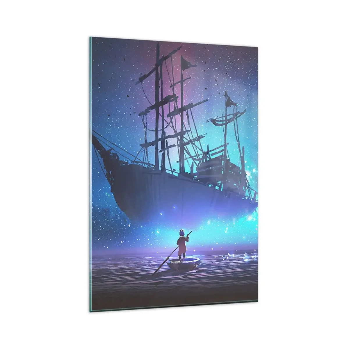 Cuadro sobre vidrio - Impresiones sobre Vidrio - Un barco fantástico contra el cielo estrellado. - 80x120cm - El encuentro con el mito del mar - Decoración de pared moderna para salón y dormitorio ARTTOR