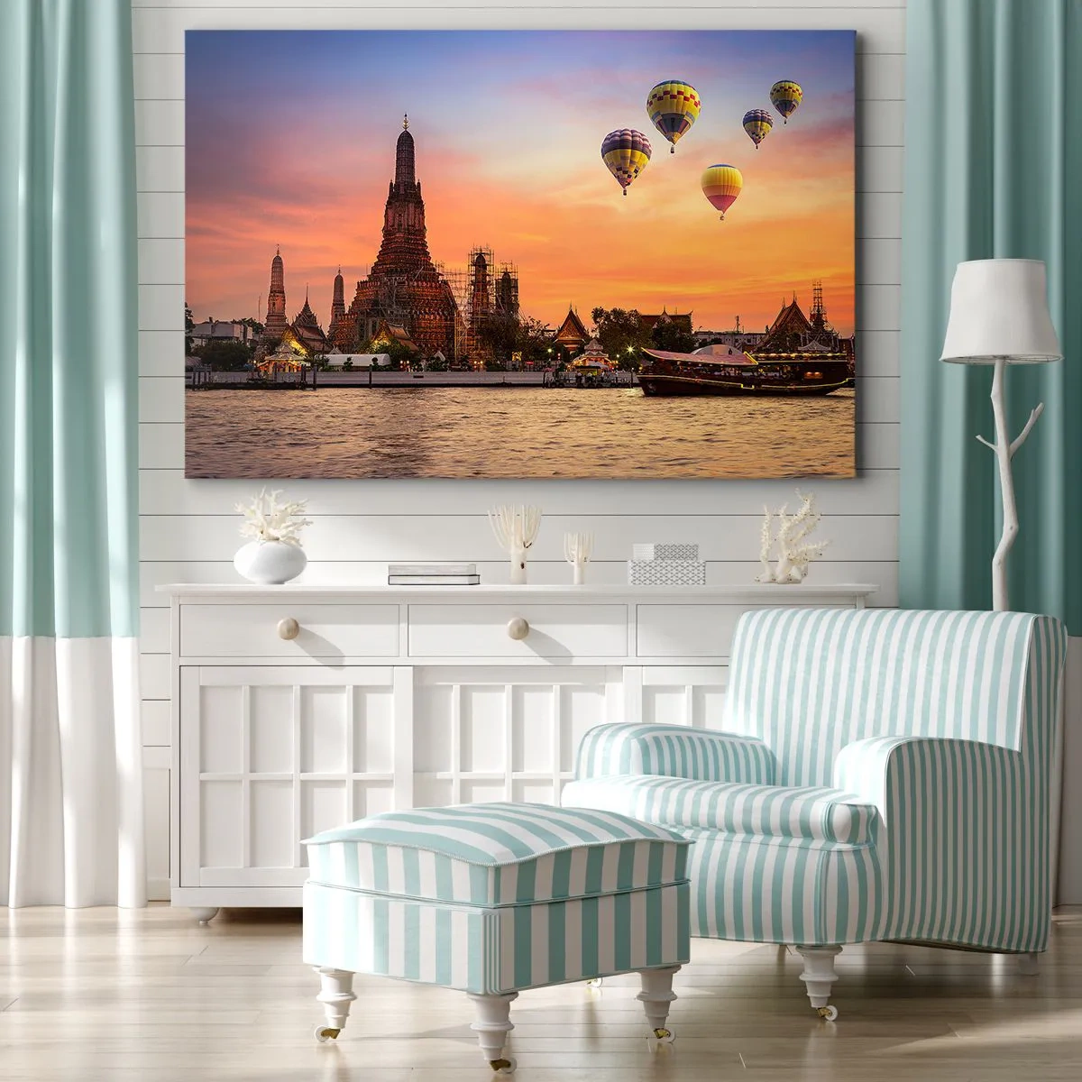Cuadro sobre lienzo - Impresión de Imagen - Un templo y globos con el sol poniente sobre el río como telón de fondo. - 100x70cm - Aquí es donde nacen los cuentos de hadas - Decoración de pared moderna para salón y dormitorio ARTTOR