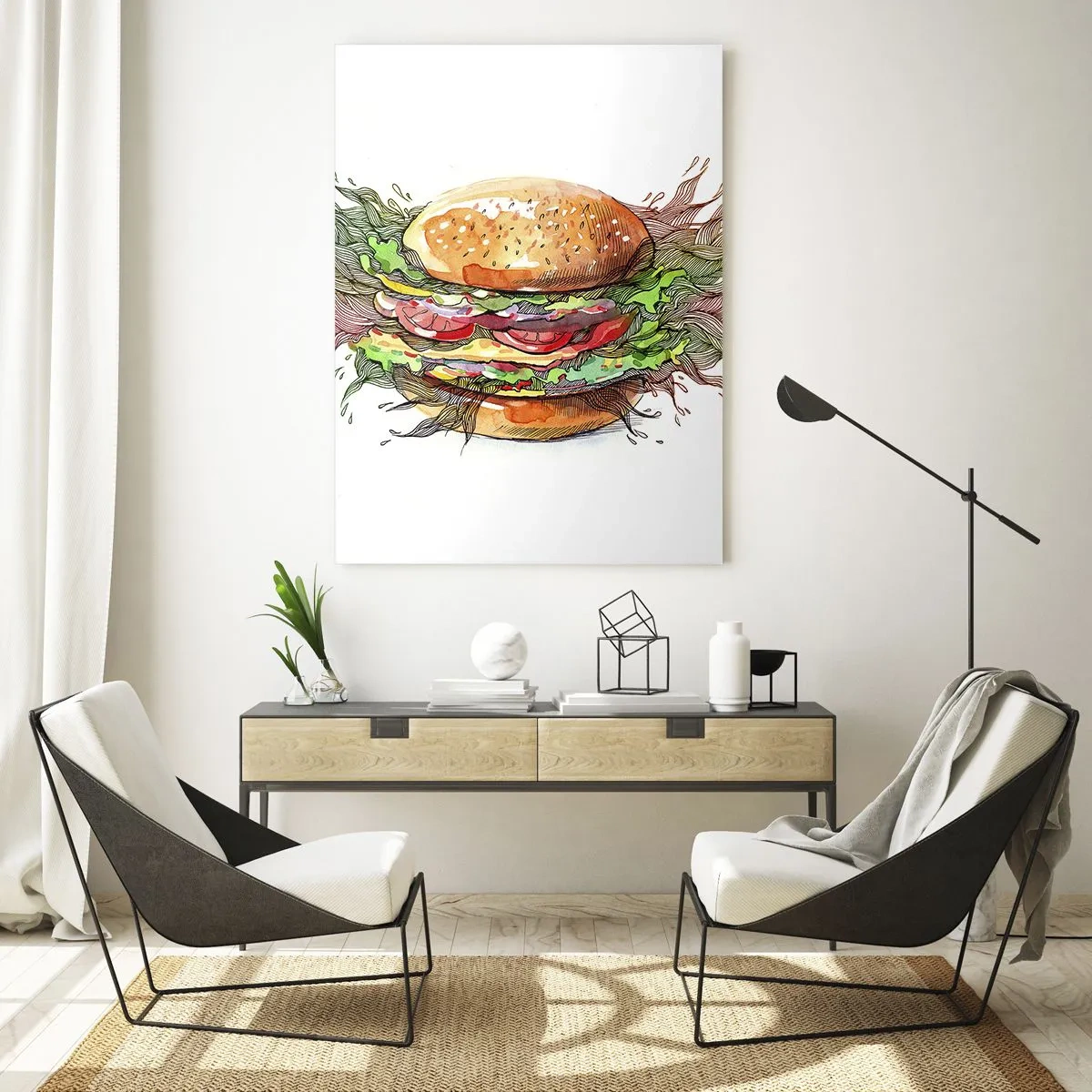 Cuadro sobre vidrio - Impresiones sobre Vidrio - Dibujo artístico de una hamburguesa con detalles en acuarela. - 50x70cm - Tentación irresistible - Decoración de pared moderna para salón y dormitorio ARTTOR