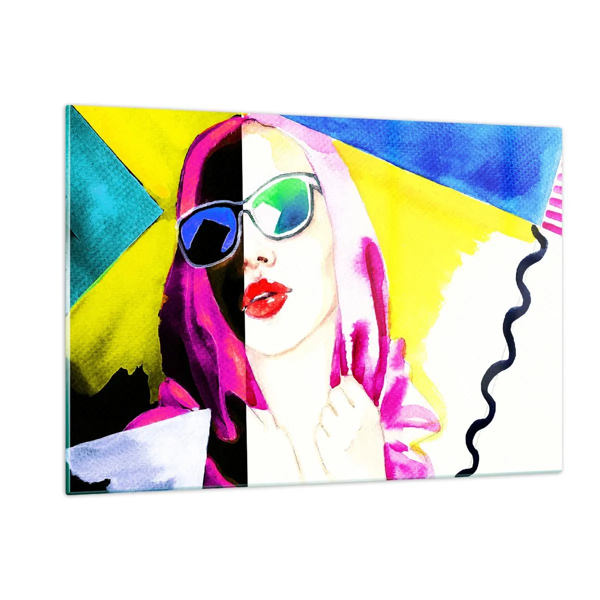 Cuadro sobre vidrio - Impresiones sobre Vidrio - Retrato de una mujer en un colorido estilo pop art. - 120x80cm - Contrastes - Decoración de pared moderna para salón y dormitorio ARTTOR