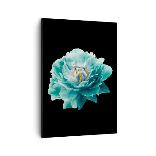 Cuadro sobre lienzo - Impresión de Imagen - Flor de peonía turquesa sobre fondo negro - 50x70cm - Pétalos azules y dorados - Decoración de pared moderna para salón y dormitorio ARTTOR