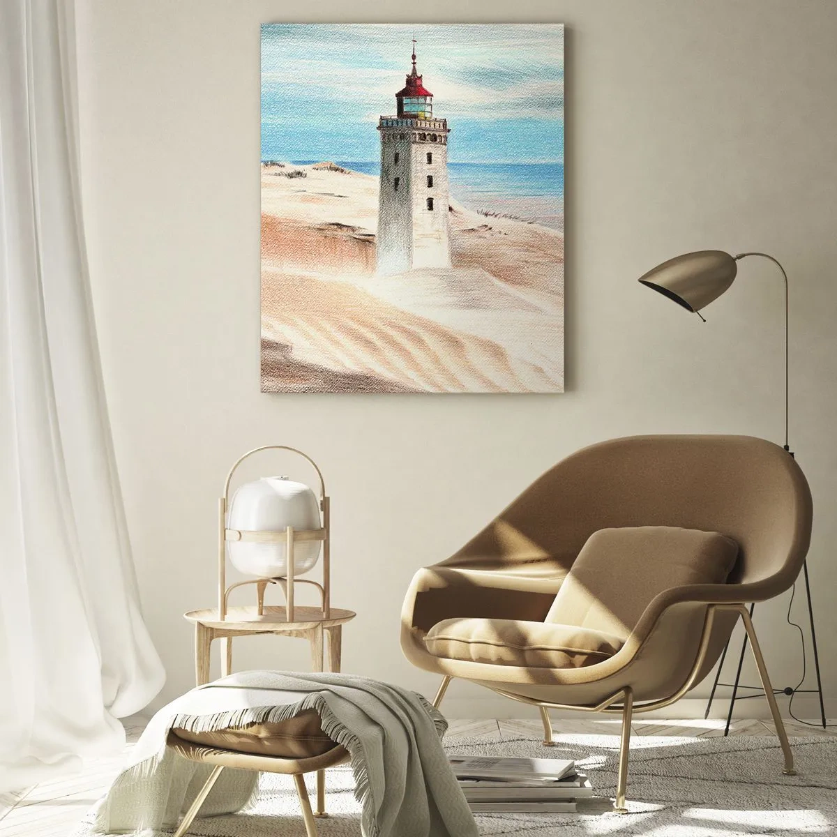 Cuadro sobre vidrio - Impresiones sobre Vidrio - Un faro en una duna del desierto junto a un mar en calma - 50x70cm - Siempre mirando al mar - Decoración de pared moderna para salón y dormitorio ARTTOR