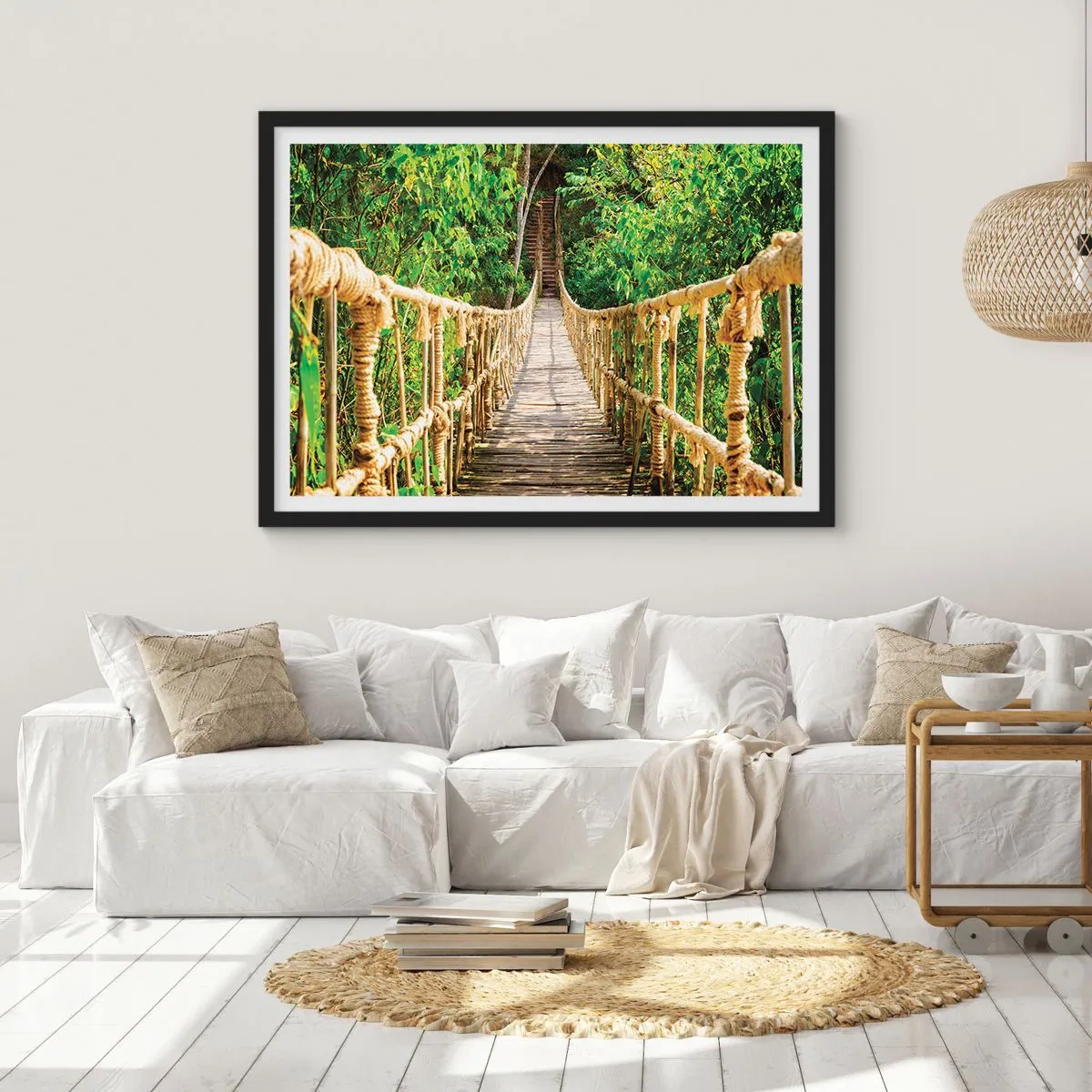 Póster en marco negro - Un puente colgante en un bosque tropical lleno de vegetación. - 100x70cm - Suspendido en verde - Decoración de pared moderna para salón y dormitorio ARTTOR