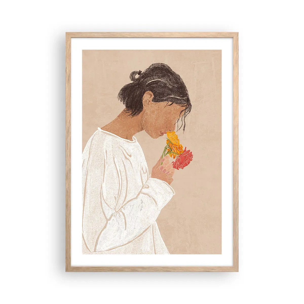 Póster en marco roble claro - Joven con flores - 50x70 cm