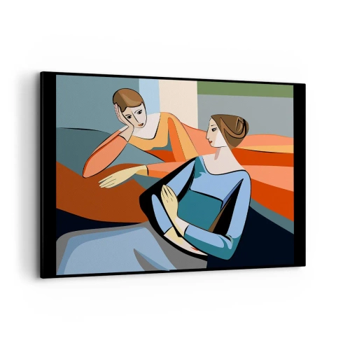 Cuadro sobre lienzo - Impresión de Imagen - Ilustración abstracta de dos mujeres en estilo cubista. - 100x70cm - Un momento de confidencias - Decoración de pared moderna para salón y dormitorio ARTTOR