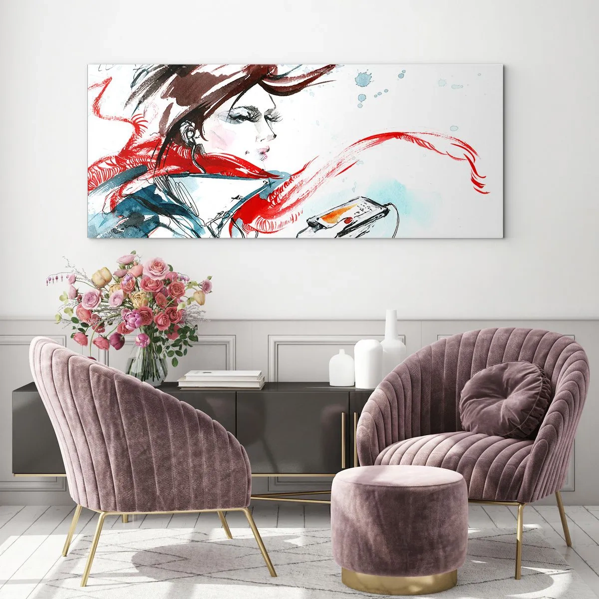 Cuadro sobre vidrio - Impresiones sobre Vidrio - Una mujer con un pañuelo rojo con pinceladas dinámicas de acuarela. - 140x50cm - Algo suena dentro de mí - Decoración de pared moderna para salón y dormitorio ARTTOR