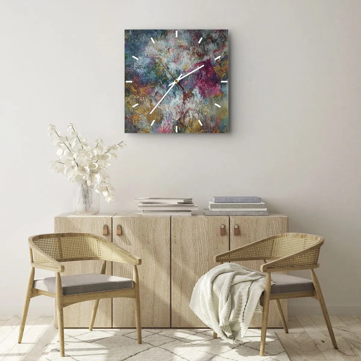 Reloj de pared - Reloj de vidrio - Una abstracción colorida que se asemeja a flores en flor. - 30x30cm - En plena floración - Decoración de pared moderna para salón y dormitorio ARTTOR