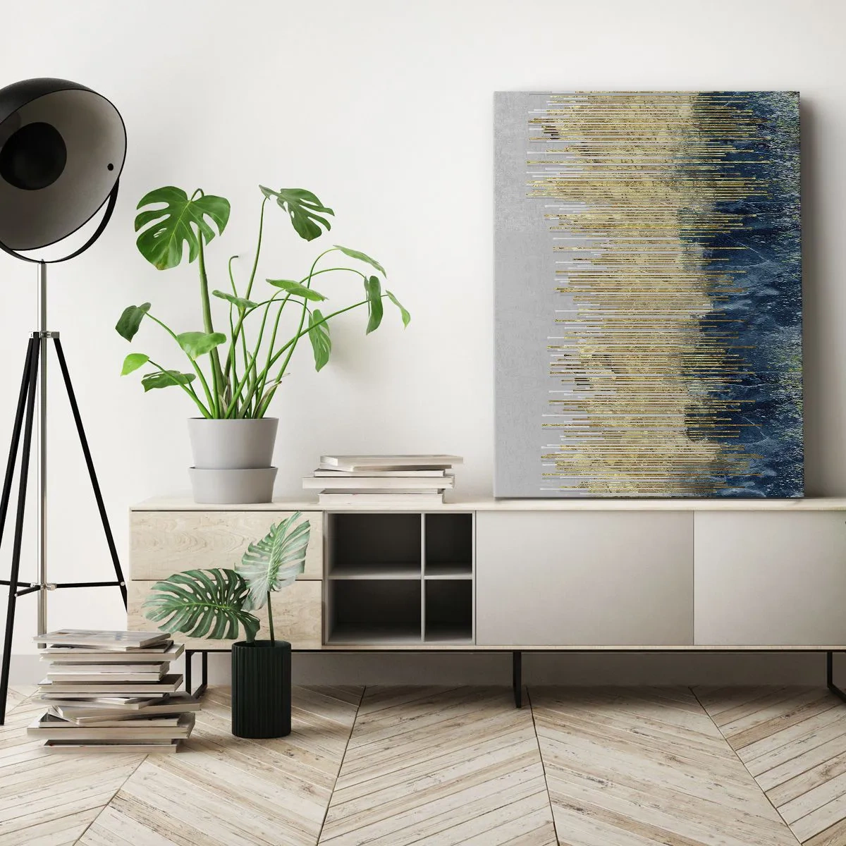 Cuadro sobre lienzo - Impresión de Imagen - Líneas doradas sobre un fondo de abstracción azul marino y gris. - 50x70cm - Frontera de líneas doradas - Decoración de pared moderna para salón y dormitorio ARTTOR