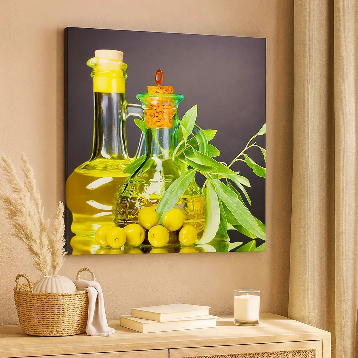 Cuadro sobre lienzo - Impresión de Imagen - Bodegón con aceitunas y aceite - 30x30 cm