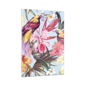 Cuadro sobre vidrio - Impresiones sobre Vidrio - Aves y flores exóticas sobre un fondo claro. - 50x70cm - Pétalos y plumas - Decoración de pared moderna para salón y dormitorio ARTTOR