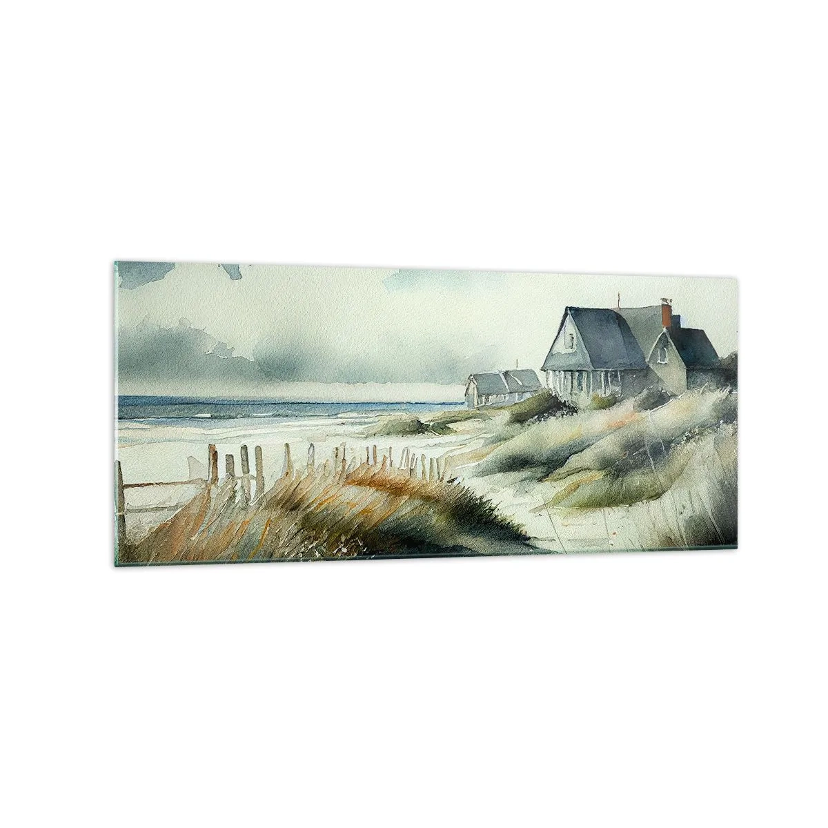 Cuadro sobre vidrio - Impresiones sobre Vidrio - Una casa junto al mar rodeada de césped y con vistas al mar. - 120x50cm - Lejos del bullicio - Decoración de pared moderna para salón y dormitorio ARTTOR