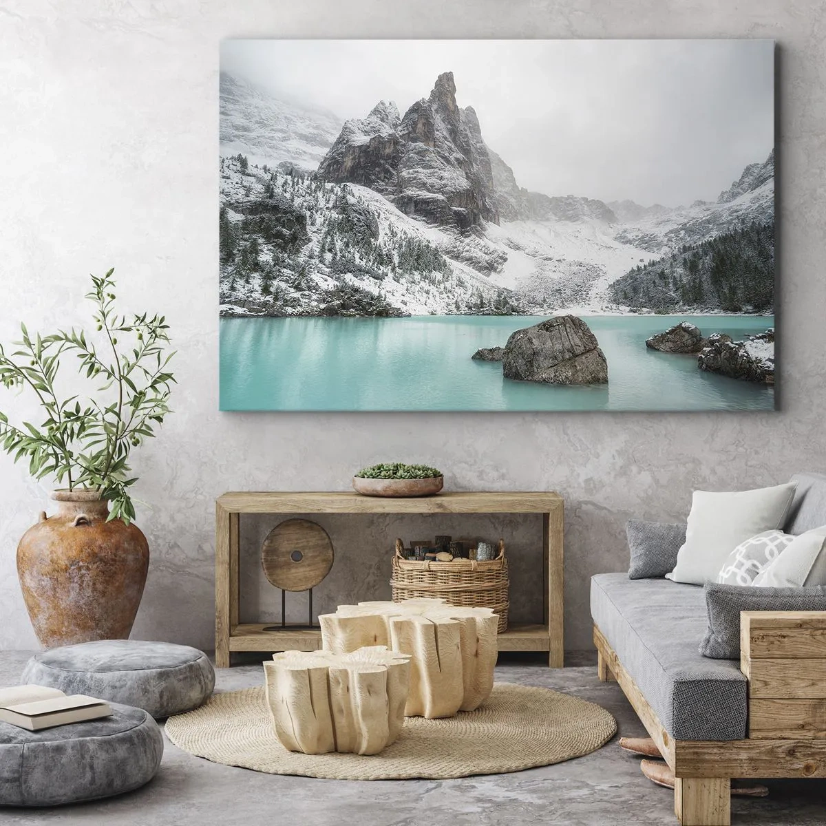 Cuadro sobre lienzo - Impresión de Imagen - Un paisaje de montaña con un lago rodeado de picos nevados. - 120x80cm - En guardia - Decoración de pared moderna para salón y dormitorio ARTTOR