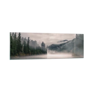 Cuadro sobre vidrio - Impresiones sobre Vidrio - Un bosque brumoso reflejado en un lago tranquilo. - 160x50cm - En el ensueño, en la niebla - Decoración de pared moderna para salón y dormitorio ARTTOR