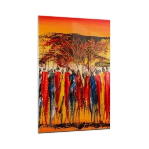 Cuadro sobre vidrio - Impresiones sobre Vidrio - Una escena colorida con figuras africanas con el sol poniente como telón de fondo. - 80x120cm - Allí, allí, allí van - Decoración de pared moderna para salón y dormitorio ARTTOR