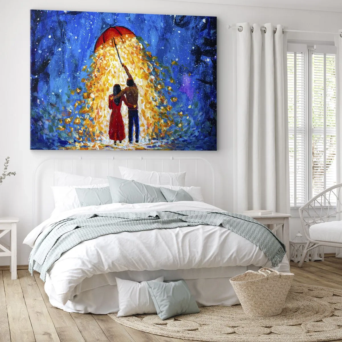 Cuadro sobre lienzo - Impresión de Imagen - Una pareja bajo un paraguas rojo bajo la lluvia luminosa. - 70x50cm - La magia de una tarde lluviosa - Decoración de pared moderna para salón y dormitorio ARTTOR