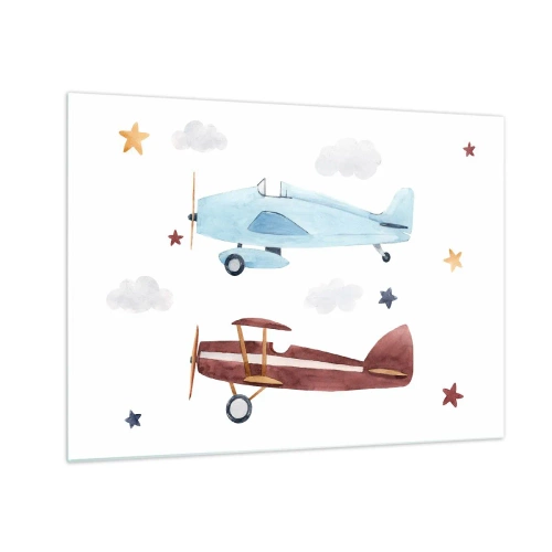 Cuadro sobre vidrio - Impresiones sobre Vidrio - Dos aviones coloridos entre las estrellas y las nubes. - 70x50cm - ¡Piloto, estamos esperando! - Decoración de pared moderna para salón y dormitorio ARTTOR