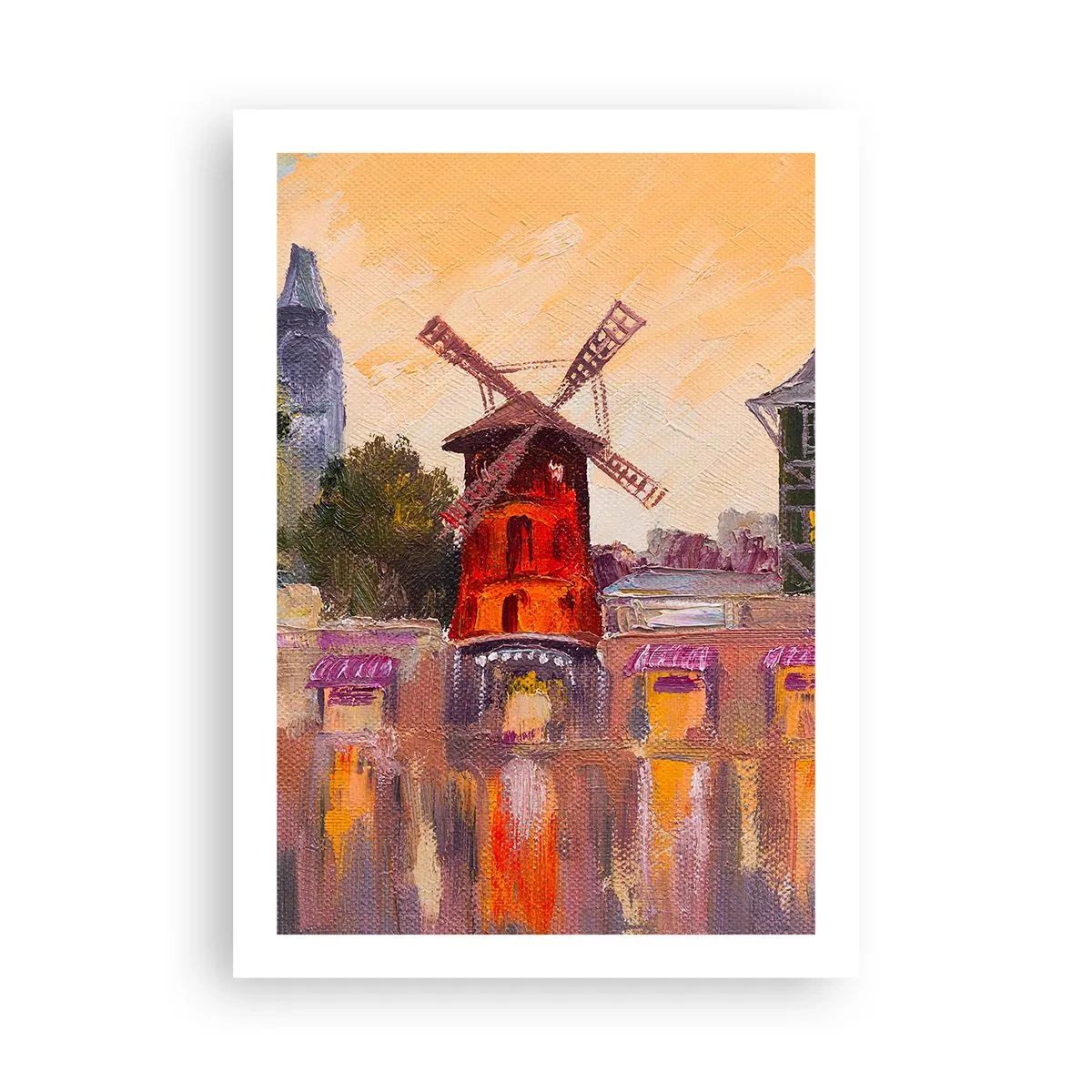 Póster - Una interpretación pictórica del famoso molino de viento con la ciudad como telón de fondo. - 50x70cm - Iconos parisinos - Moulin Rouge - Decoración de pared moderna para salón y dormitorio ARTTOR