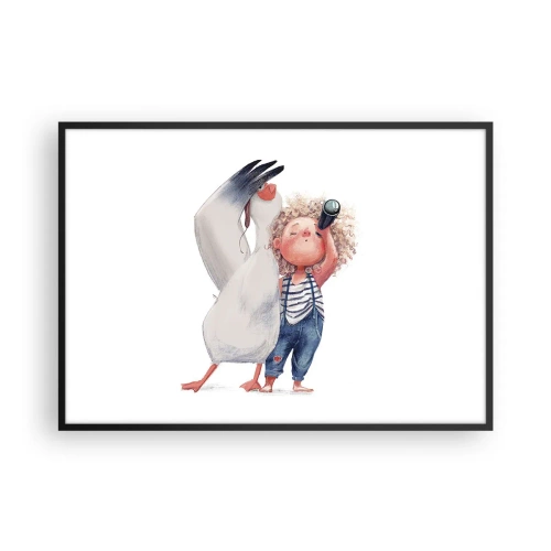 Póster en marco negro - Ilustración de un niño con un pelícano y un telescopio en la mano. - 100x70cm - Un plan para un gran viaje - Decoración de pared moderna para salón y dormitorio ARTTOR