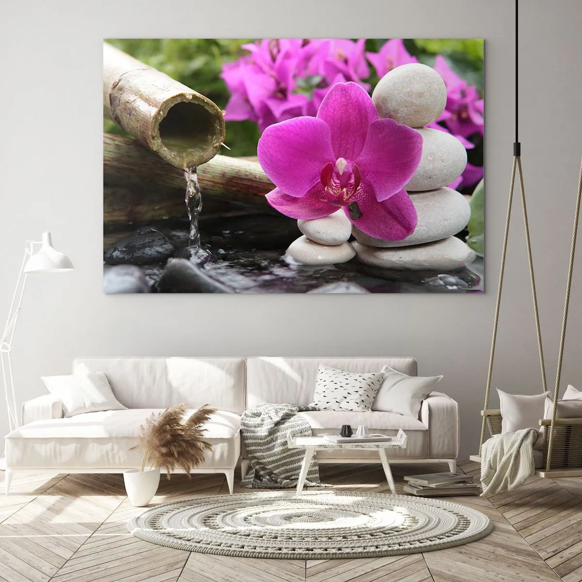 Cuadro sobre vidrio - Impresiones sobre Vidrio - Cascada de orquídeas moradas, piedras y bambú - 70x50cm - Ya estás descansando - Decoración de pared moderna para salón y dormitorio ARTTOR