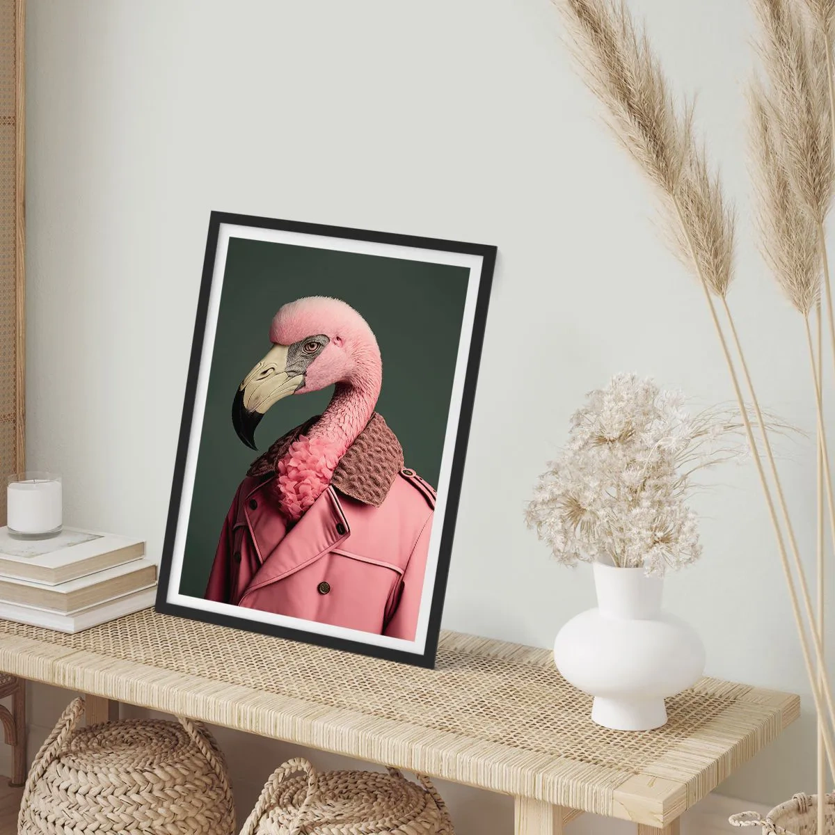 Póster en marco negro - Un flamenco con estilo con un abrigo elegante. - 50x70cm - La auténtica elegancia - Decoración de pared moderna para salón y dormitorio ARTTOR