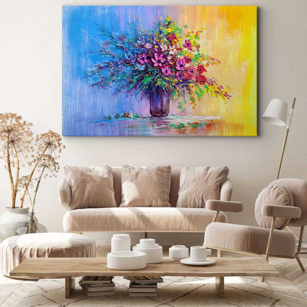 Cuadro sobre lienzo - Impresión de Imagen - Un colorido ramo de flores en un jarrón sobre un fondo degradado. - 70x50cm - El regalo de un prado de verano - Decoración de pared moderna para salón y dormitorio ARTTOR