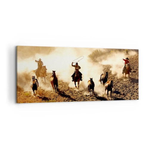 Cuadro sobre lienzo - Impresión de Imagen - Vaqueros a caballo en acción en el terreno desértico. - 120x50cm - El salvaje oeste - Decoración de pared moderna para salón y dormitorio ARTTOR