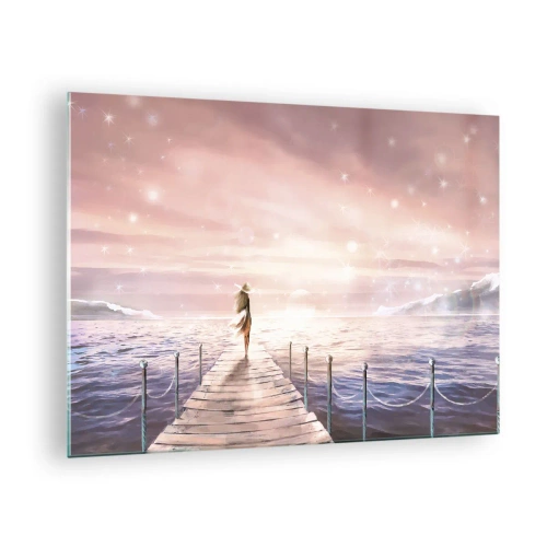 Cuadro sobre vidrio - Impresiones sobre Vidrio - Mujer en el muelle al atardecer - 70x50cm - A la luz de un sueño - Decoración de pared moderna para salón y dormitorio ARTTOR