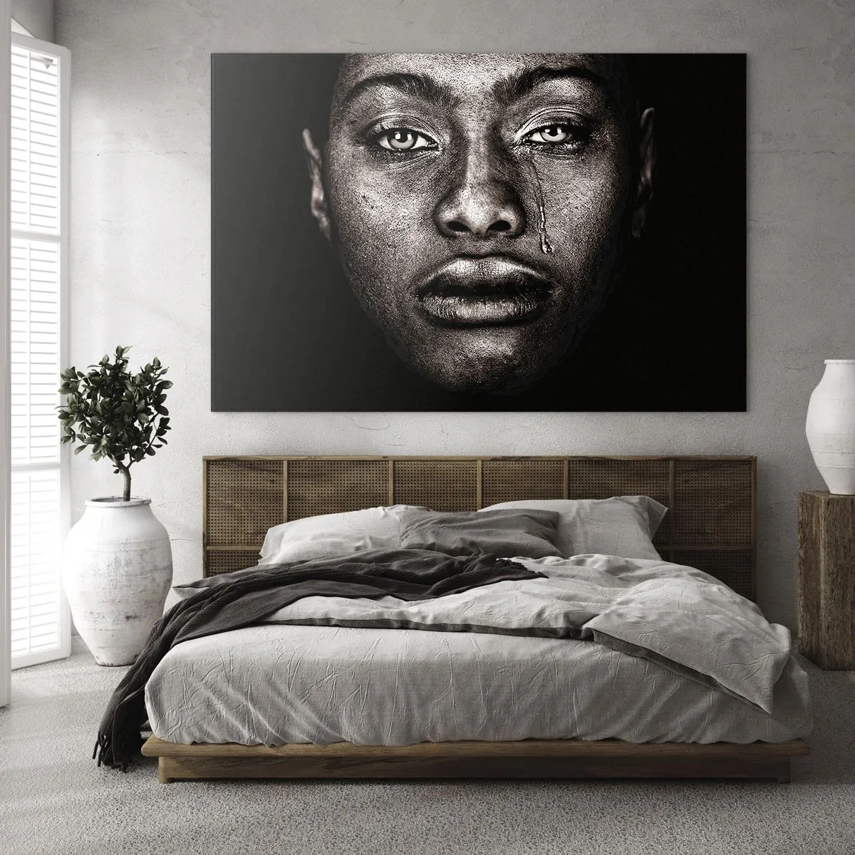 Cuadro sobre vidrio - Impresiones sobre Vidrio - Retrato emotivo de una mujer con una lágrima en la mejilla. - 100x70cm - Una lágrima - Decoración de pared moderna para salón y dormitorio ARTTOR