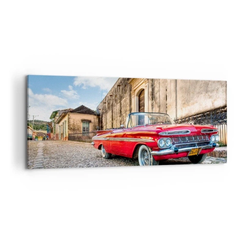 Cuadro sobre lienzo - Impresión de Imagen - Coche clásico rojo en una calle adoquinada - 120x50cm - Emociones cubanas - Decoración de pared moderna para salón y dormitorio ARTTOR
