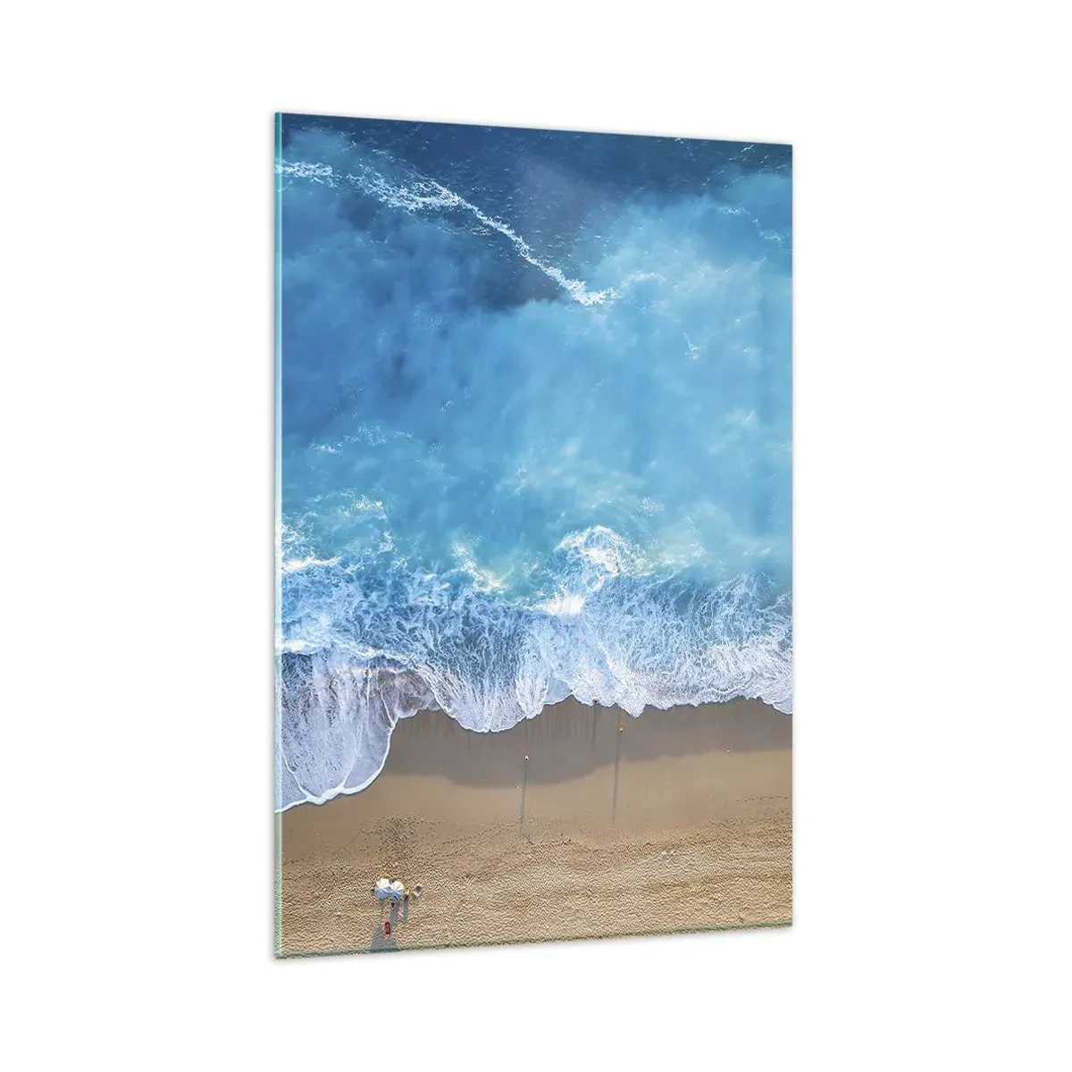 Cuadro sobre vidrio - Impresiones sobre Vidrio - Una vista de pájaro de la playa y las olas del mar. - 80x120cm - El poder del azul - Decoración de pared moderna para salón y dormitorio ARTTOR