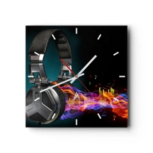 Reloj de pared - Reloj de vidrio - Auriculares negros con un efecto de visualización de música colorido. - 30x30cm - En el fuego de la música - Decoración de pared moderna para salón y dormitorio ARTTOR