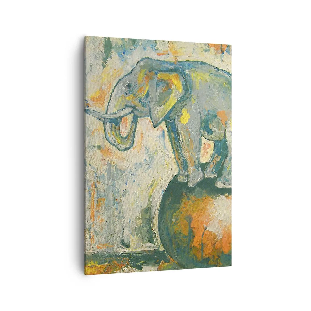 Cuadro sobre lienzo - Impresión de Imagen - Un elefante haciendo equilibrio sobre una pelota en un estilo artístico. - 70x100cm - ¡Viva el circo! - Decoración de pared moderna para salón y dormitorio ARTTOR
