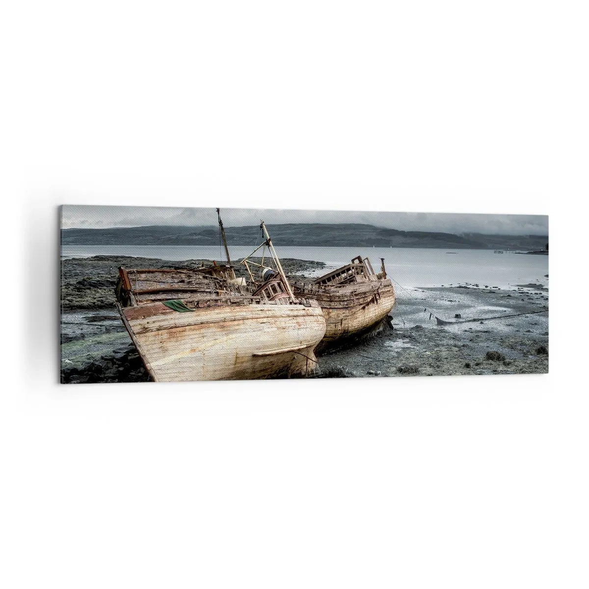 Cuadro sobre lienzo - Impresión de Imagen - Barcos abandonados en la orilla en una escena lluviosa - 160x50cm - Muestra de un trabajo dignamente realizado - Decoración de pared moderna para salón y dormitorio ARTTOR