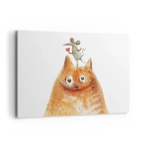 Cuadro sobre lienzo - Impresión de Imagen - Un dibujo de un gato con un ratón en la cabeza sosteniendo un corazón. - 120x80cm - Paradojas del amor - Decoración de pared moderna para salón y dormitorio ARTTOR