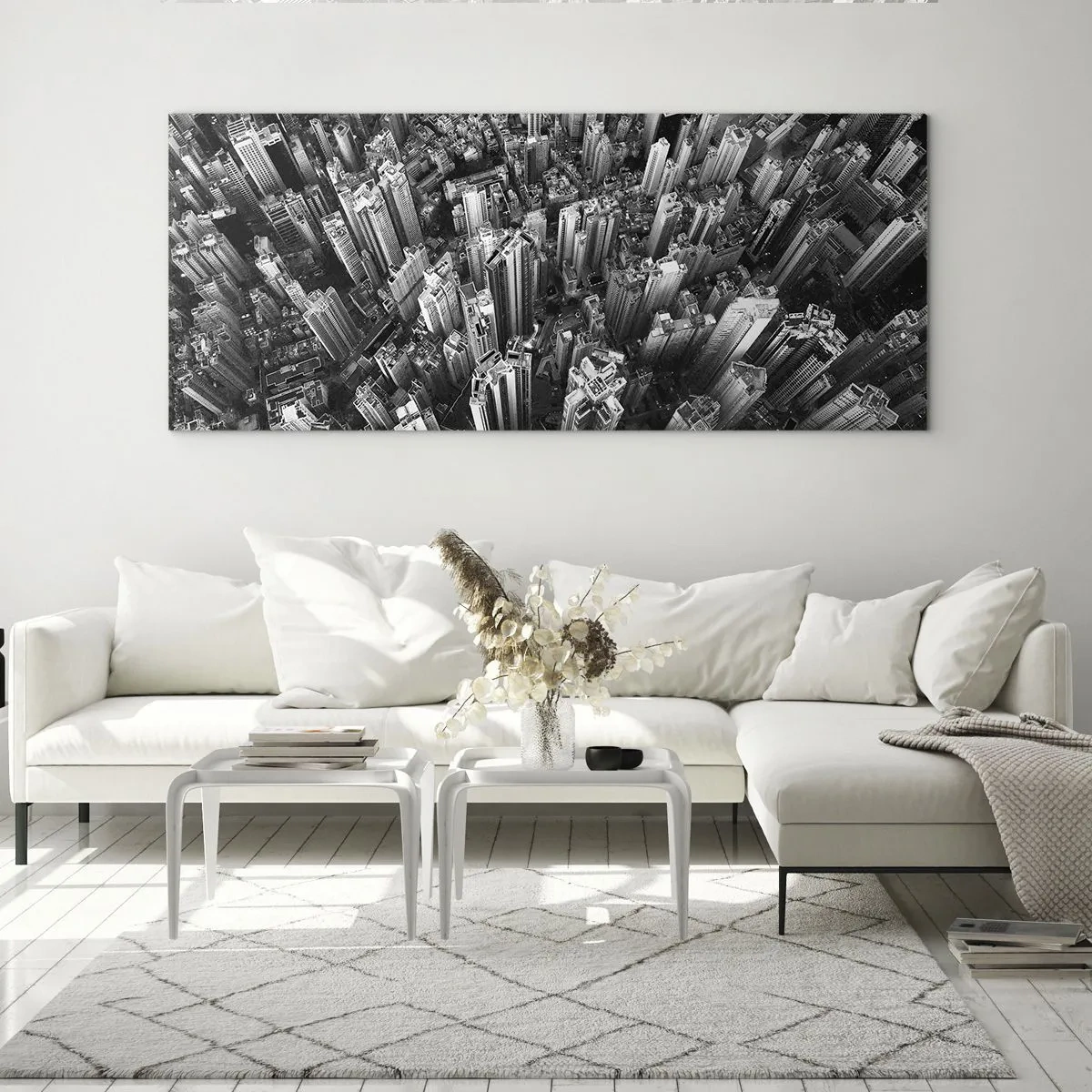 Cuadro sobre vidrio - Impresiones sobre Vidrio - Vista aérea de la ciudad en blanco y negro - 140x50cm - Cada vez más alto - Decoración de pared moderna para salón y dormitorio ARTTOR