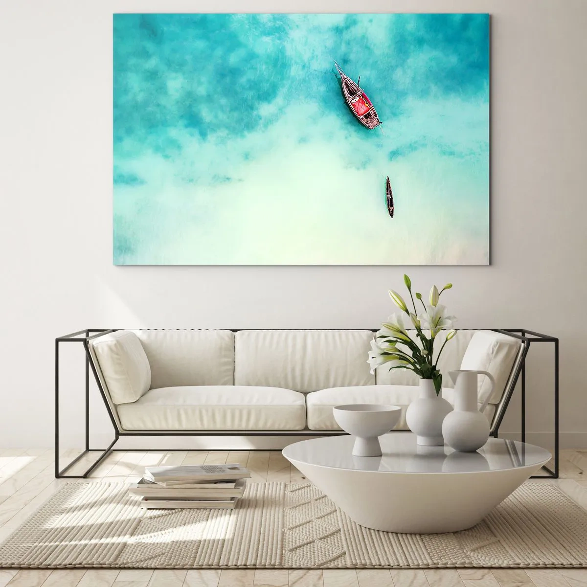Cuadro sobre vidrio - Impresiones sobre Vidrio - Barcos en aguas azules en un entorno tranquilo. - 120x80cm - Porque en las playas de Zanzíbar, cuando las aguas se desbordan... - Decoración de pared moderna para salón y dormitorio ARTTOR