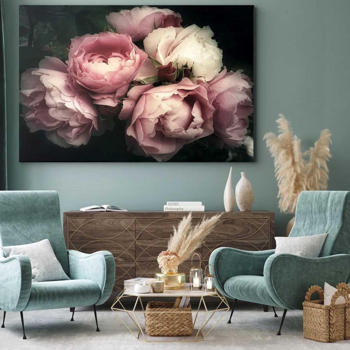 Cuadro sobre lienzo - Impresión de Imagen - Un ramo de rosas en delicados tonos rosa y blanco. - 70x50cm - El encanto de la belle époque - Decoración de pared moderna para salón y dormitorio ARTTOR
