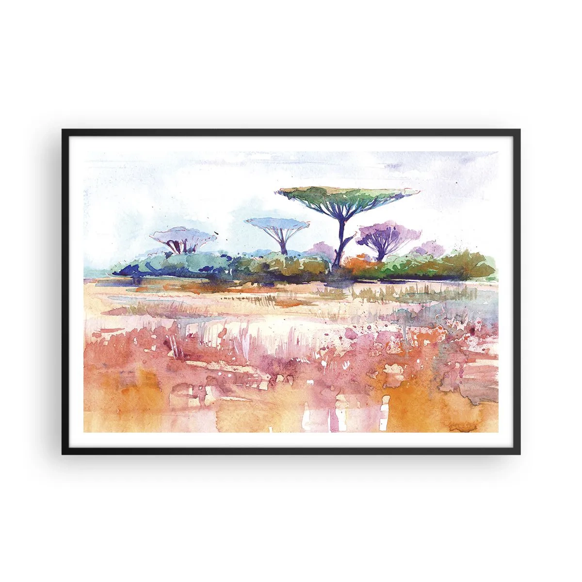 Póster en marco negro - Un pintoresco paisaje de sabana en colores de acuarela. - 100x70cm - Colores de la sabana - Decoración de pared moderna para salón y dormitorio ARTTOR