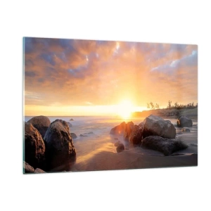 Cuadro sobre vidrio - Impresiones sobre Vidrio - Puesta de sol sobre el mar con piedras en la orilla - 120x80cm - Brisa luminosa del atardecer - Decoración de pared moderna para salón y dormitorio ARTTOR