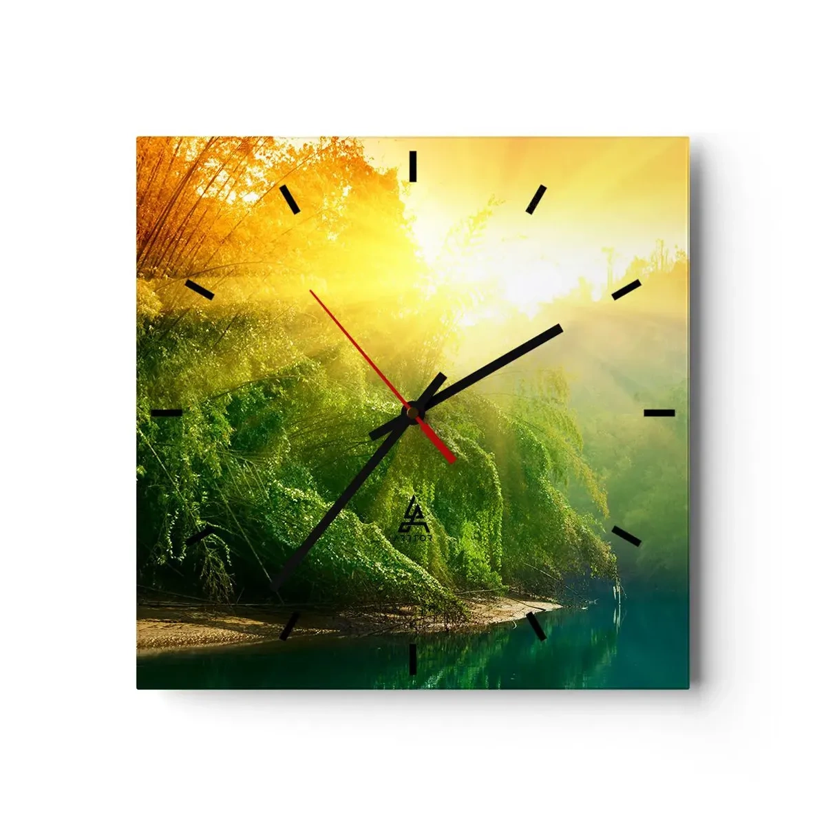 Reloj de pared - Reloj de vidrio - Un bosque verde junto al río, iluminado por los rayos del sol naciente. - 30x30cm - Ahogarse en el sol y la sombra - Decoración de pared moderna para salón y dormitorio ARTTOR