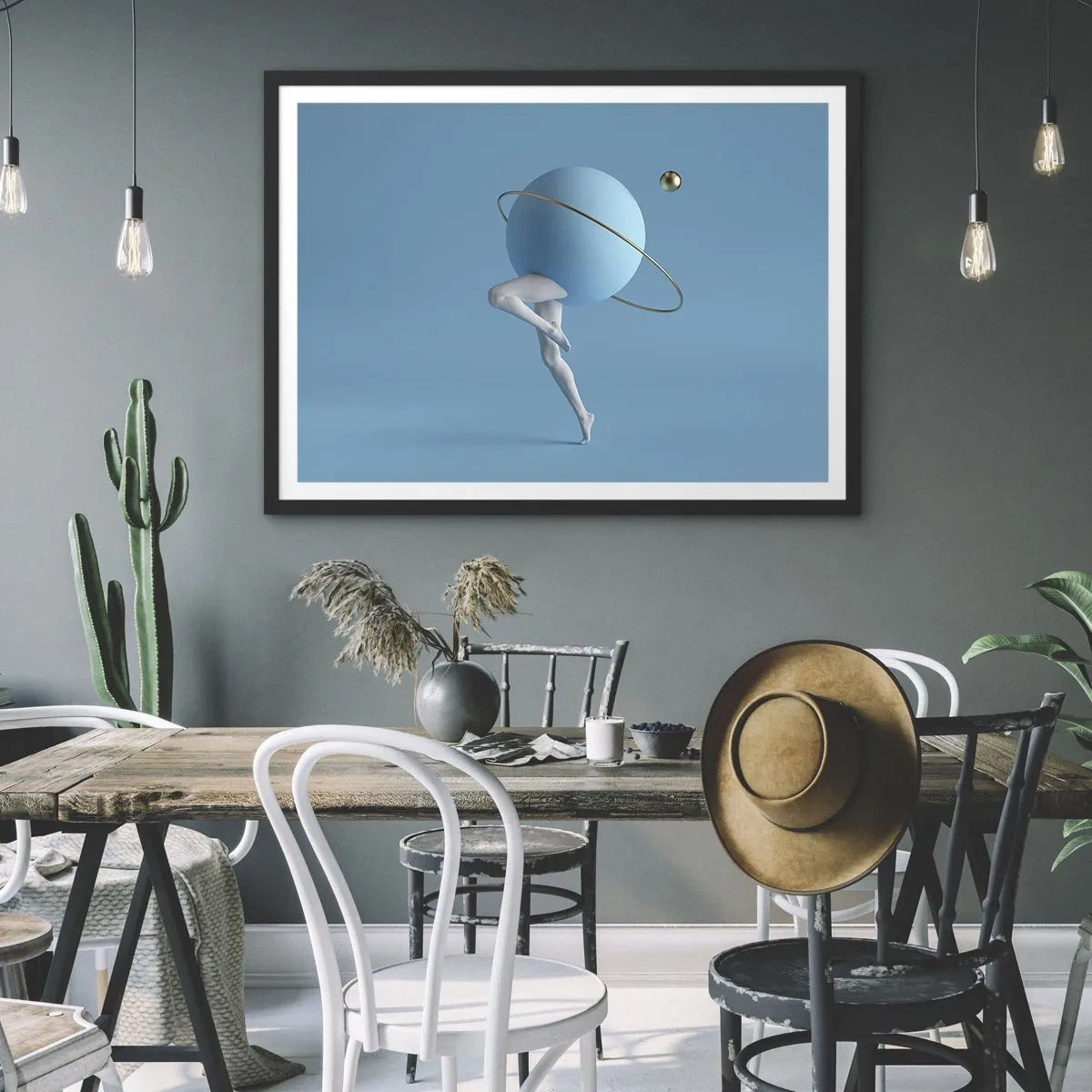 Póster en marco negro - Una esfera azul con una órbita y piernas humanas contra el cielo. - 70x50cm - Y los planetas se vuelven locos - Decoración de pared moderna para salón y dormitorio ARTTOR