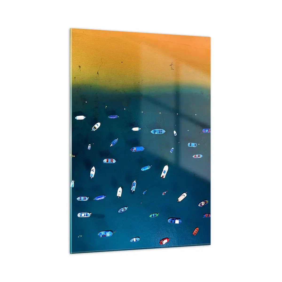 Cuadro sobre vidrio - Impresiones sobre Vidrio - Barcos con el telón de fondo de agua turquesa y una costa dorada. - 50x70cm - Un juego de vacaciones - Decoración de pared moderna para salón y dormitorio ARTTOR
