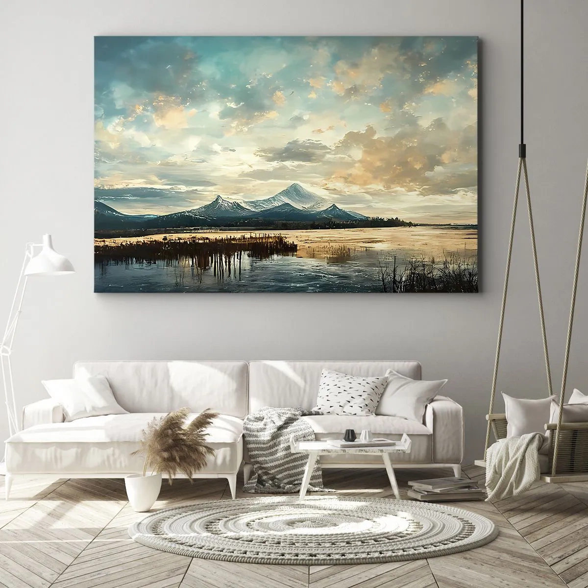 Cuadro sobre lienzo - Impresión de Imagen - Un paisaje pintoresco con una montaña y un lago tranquilo. - 70x50cm - Bajo la protección del cielo - Decoración de pared moderna para salón y dormitorio ARTTOR