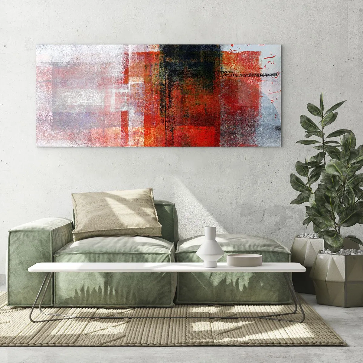 Cuadro sobre vidrio - Impresiones sobre Vidrio - Composición geométrica abstracta con acentos rojos y naranjas. - 120x50cm - Composición brillante - Decoración de pared moderna para salón y dormitorio ARTTOR